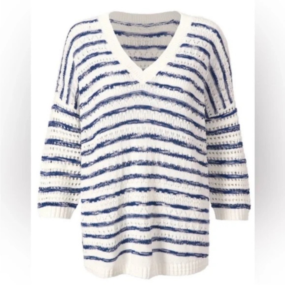CAbi V-Neck Sweater in White and Navy Stripes